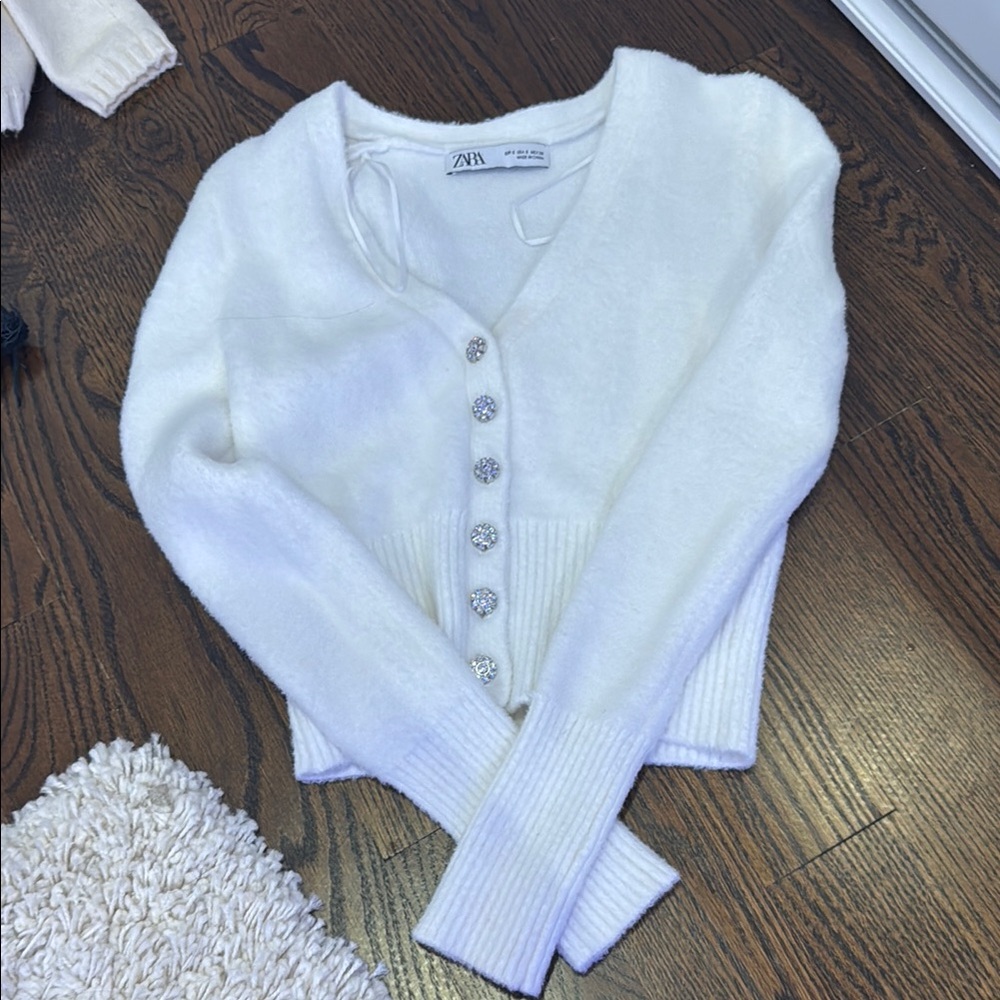 Zara Fuzzy Sweater with crystal buttons